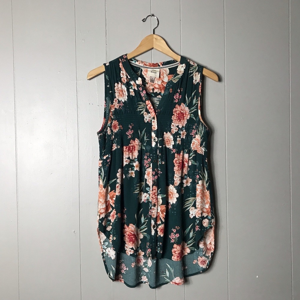 KNOX ROSE GREEN ROSE PATTERN SLEEVELESS SMOCKED BUTTON FRONT SHIRT WOMENS SMALL